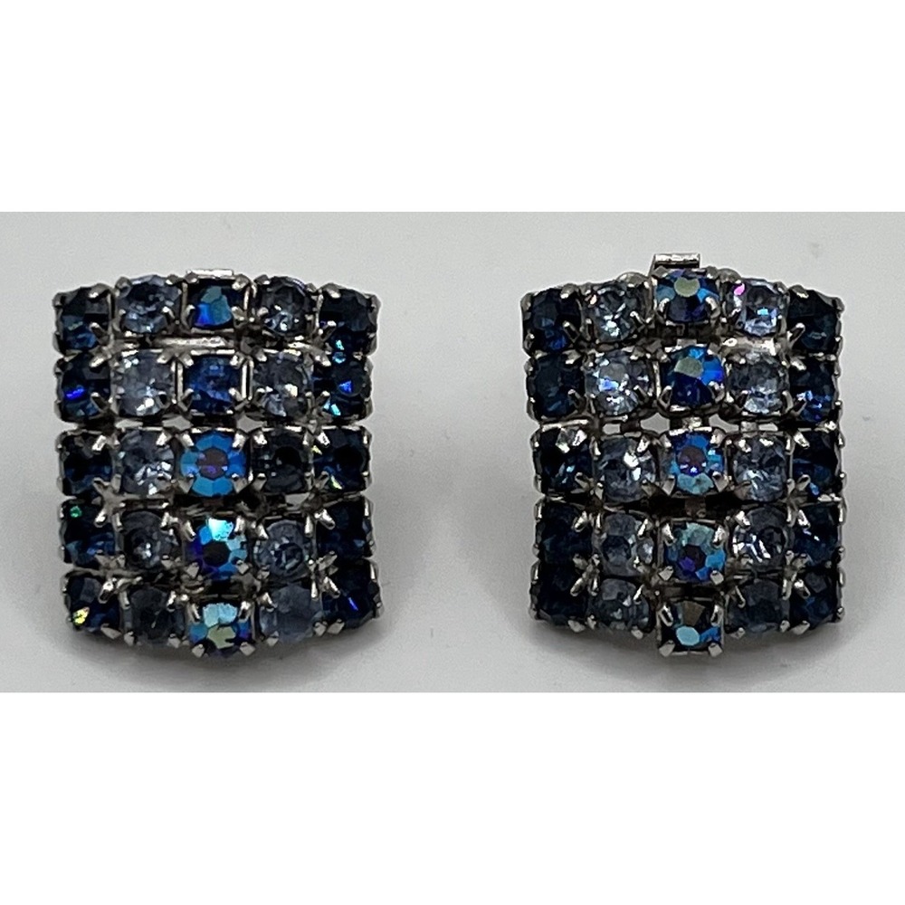 Vintage Signed Weiss Blue Aura Borealis Clip On Rhinestone Earrings Estate